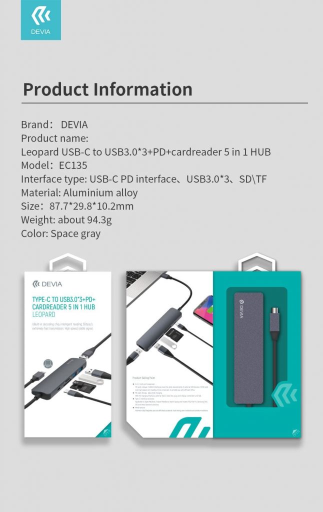 Devia USB Type-C Leopard-2 4 in 1 Hub Grey (USB 3.0 + USB 2.0 + PD + HDMI to USB Type-C Converter)