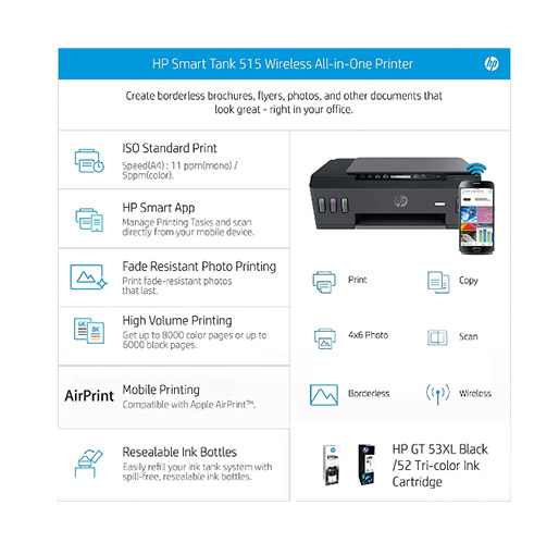 HP 3YW70A Smart Tank 516 Wireless All-in-one Printer