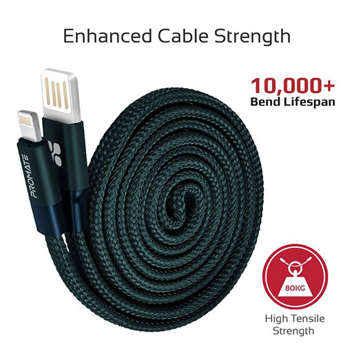 Promate Coiline-i 1M Durable Aluminium Alloy Auto-Rolling Reversible USB-A to Lighting Cable with 2A Fast Charging