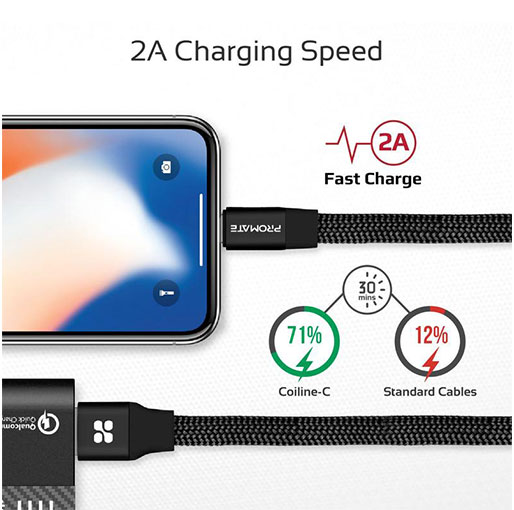 Promate Coiline-i 1M Durable Aluminium Alloy Auto-Rolling Reversible USB-A to Lighting Cable with 2A Fast Charging