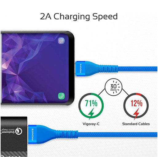 Promate VigoRay-C 1.2M 2A USB A to USB type C Cable with 1.2m Tangle Free Cord and Long Bend Lifespan