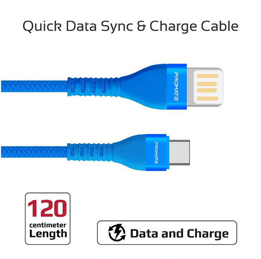 Promate VigoRay-C 1.2M 2A USB A to USB type C Cable with 1.2m Tangle Free Cord and Long Bend Lifespan