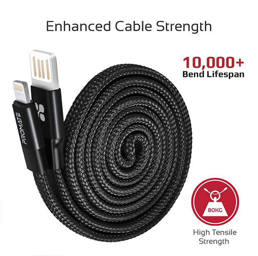 Promate Coiline-i 1M Durable Aluminium Alloy Auto-Rolling Reversible USB-A to Lighting Cable with 2A Fast Charging