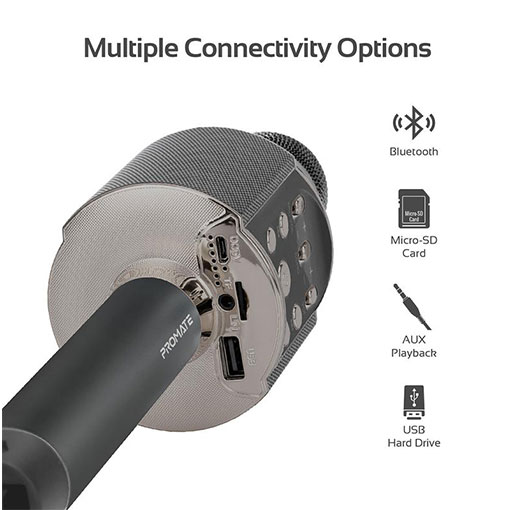 Promate VocalMic-4 Multi-Purpose Wireless Karaoke Microphone with LED Light and Phone Holder Silver