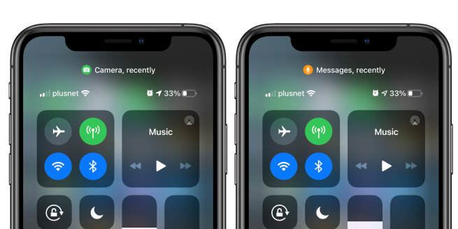 iOS 14 Control Center showing the apps that have recently used Mic and Camera