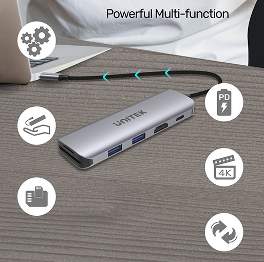 Unitek uHUB P5+ 6-in-1 USB-C Hub with HDMI, 100W Power Delivery and Dual Card Reader