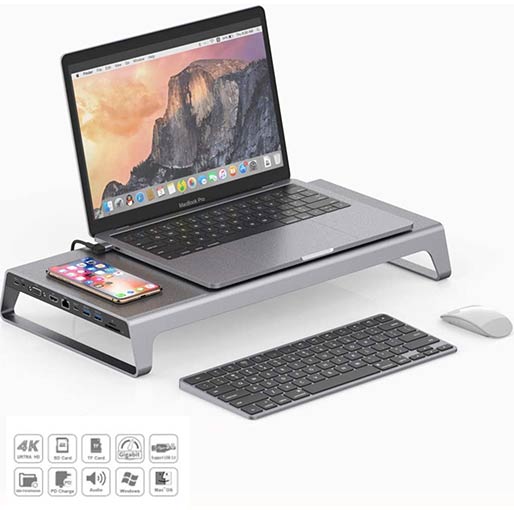 Buy ONTEN OT-95109 11 in 1 Type-C Dock Station Stand with USB3.0 x 2+USB-C x 2+TF/SD+HDMI/VGA+3.5 Jack +RJ45 + Wireless Charging in Qatar