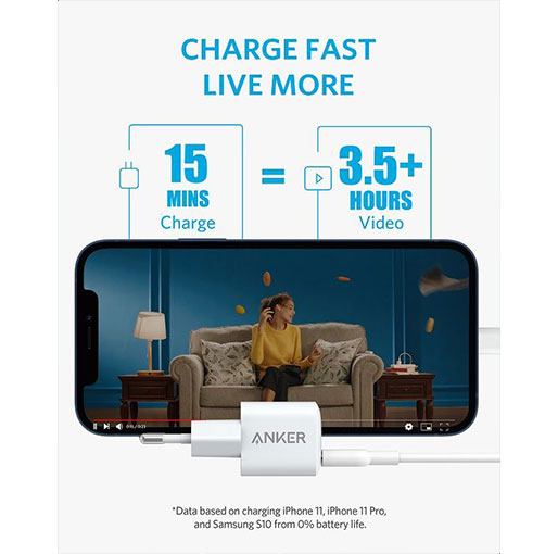 Anker A2633L22 Nano Fast Charger with PowerIQ 3.0 Technology for Iphone 12 , 20 W - White