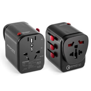 Buy Promate Universal Travel Adapter, Worlds First Grounded Power Adapter with Resettable Fuse,2.4A 3 USB Port and QC3.0 USB-C 18W Power Delivery Port, Worldwide AC Wall Outlet Adapter,TripMate-PD18 Black at best price in Qatar.