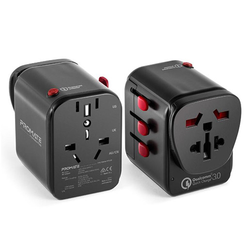 Buy Promate Universal Travel Adapter, Worlds First Grounded Power Adapter with Resettable Fuse,2.4A 3 USB Port and QC3.0 USB-C 18W Power Delivery Port, Worldwide AC Wall Outlet Adapter,TripMate-PD18 Black at best price in Qatar.
