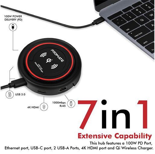 Promate USB C Hub with Qi Wireless Charger, USB Type-C Docking Station with 100W Type-C Power Delivery, HDMI 4K, Dual USB Port, Ethernet Port and Detachable Qi Wireless Charging Pad, CenterHub - Maroon