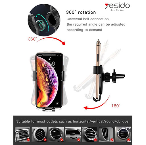 YESIDO C87 Elegant Tempered Glass Panel Car Air Vent Mobile Phone Holder Aluminum Alloy Gravi