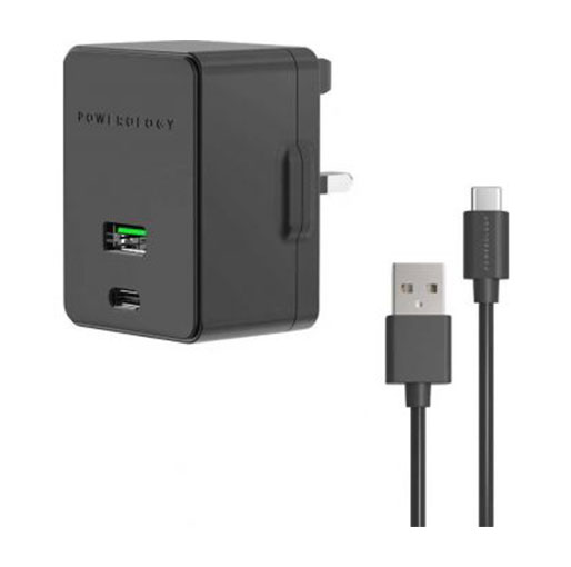 Powerology Ultra-Quick PD & QC Charger Dual Ports 36W Simultaneous Fast Charging Includes 1.2m4ft USB-A to Type-C Cable - Black