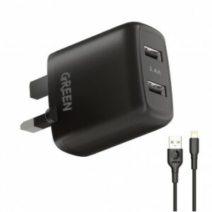 Green Dual USB Port Wall Charger PD + QC 3.0 20W UK with PVC Type-C to Lightning Cable (1.2 Meters)