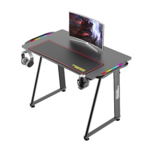 Twisted Minds A Shaped Carbon Fiber Texture Gaming Desk, RGB Light, Headphone Hooks & Cup Holder - Black