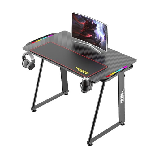 Twisted Minds A Shaped Carbon Fiber Texture Gaming Desk, RGB Light, Headphone Hooks & Cup Holder - Black