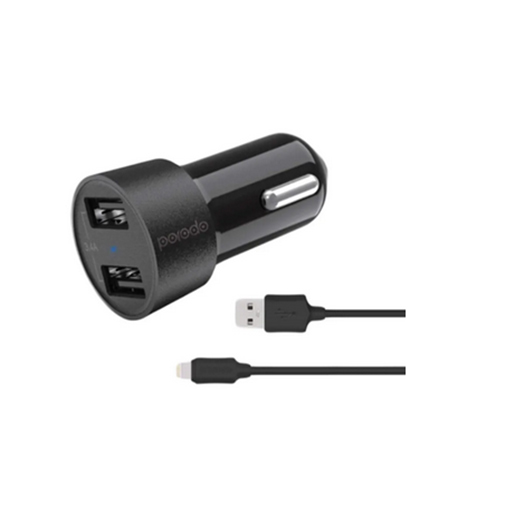 Porodo PD-M8J622L-BK Dual USB Car Charger 3.4A with 4 Feet Lightning Cable - Black
