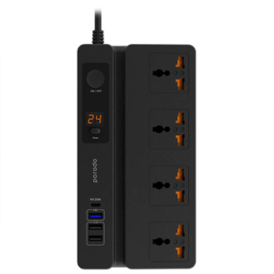 Porodo PD-FWCH007-BK Multi-Function Power Socket with Phone Stand and Digital Timer 3M Three USB-A output ports Fire-Proof Material Power Strip - Black