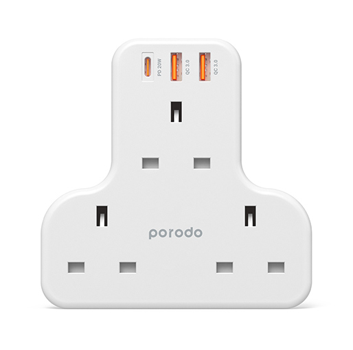 Porodo PD-FWCH006-WH Multiport Wall Adapter T-Socket 3250W UK , AC outlet and fast charging USB - White