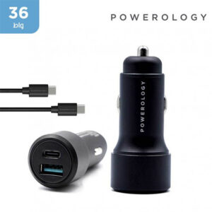 Buy Powerology 36W car charger PD + QC3.0 with USB-C to USB-C cable at best price in Qatar.