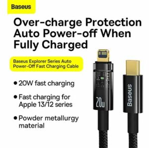 Buy Baseus Cable Type-C to Lightning Explorer Series Auto Power-Off Fast Charging Data PD Cable Type-C to IP 20W 1m Black at best price in Qatar.