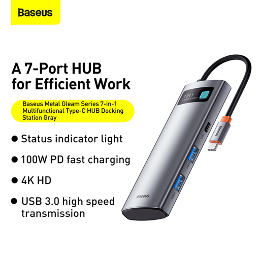 Baseus Metal Gleam Series 7-in-1 (2xUSB3.0 + 4KHD + Type-C + Type-C PD+ TF + SD) -Grey