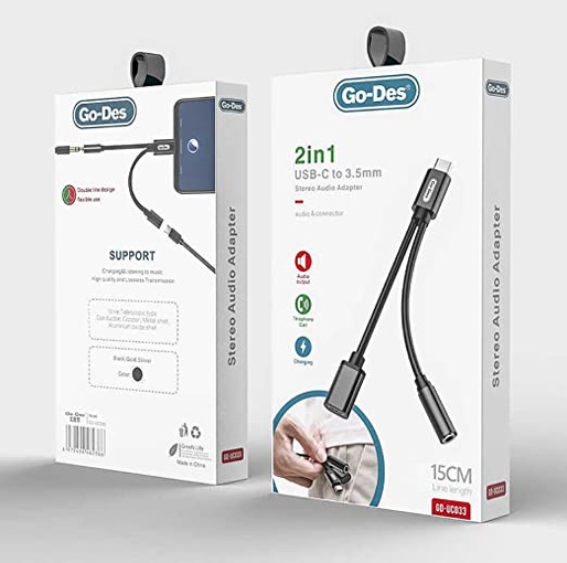 Go-Des 2 in 1 Series Type-C to Aux And Charge Converter Cable 15CM