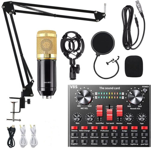 V8S BM800 Condenser Microphone Kit StudioScissor Arm Stand Upgraded Sound Card
