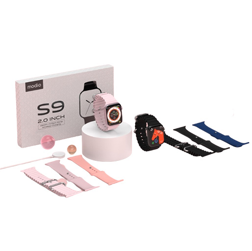 Modio S9 Smart Watch 2.0 Inch HD Display with Three Set Strap and Wireless Charger For Ladies and Women's Pink