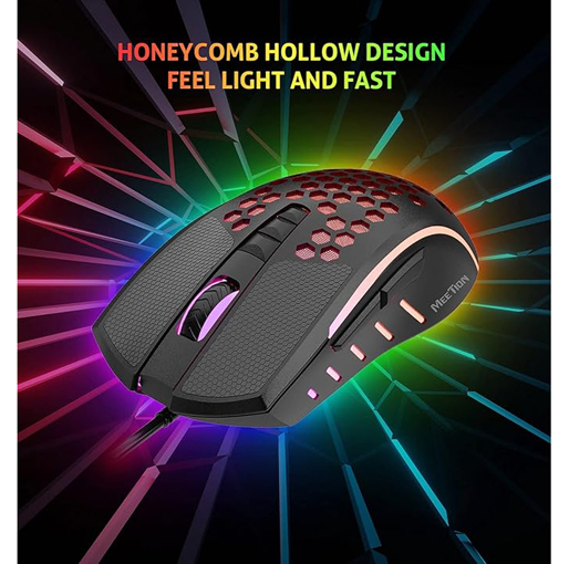Meetion GM015 - Lightweight Honeycomb RGB Gaming Mouse (6400 DPI) – For PC & Laptop – Black