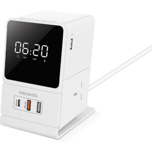 Moxedo Multi- Function 3250W Desktop Charging Hub 2 AC Socket and 3 USB Ports Power Strip 20W USB-C Port 18W QC Port with Wireless Bluetooth Speaker Digital Alarm Clock