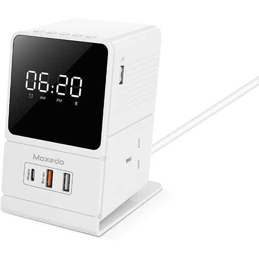 Moxedo Multi- Function 3250W Desktop Charging Hub 2 AC Socket and 3 USB Ports Power Strip 20W USB-C Port 18W QC Port with Wireless Bluetooth Speaker Digital Alarm Clock