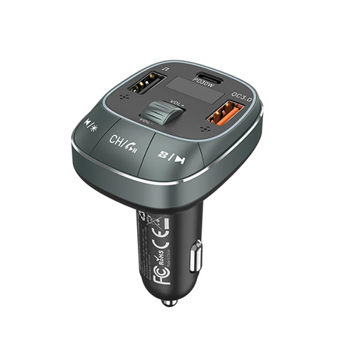 vention 3-Port USB (C + A + A) Car Charger with FM Transmitter (30W/18W/5W) Black ABS Type