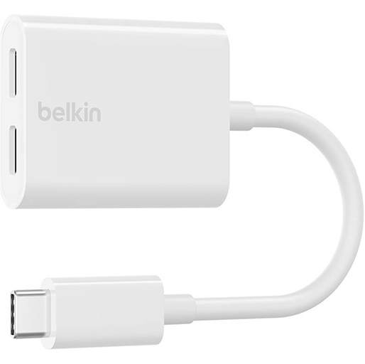 Belkin RockStar USB-C Audio + Charge Adapter, Fast Charging, Up to 60W Power Delivery, 2x USB-C Ports, High-resolution Audio Quality, White | F7U081btWH
